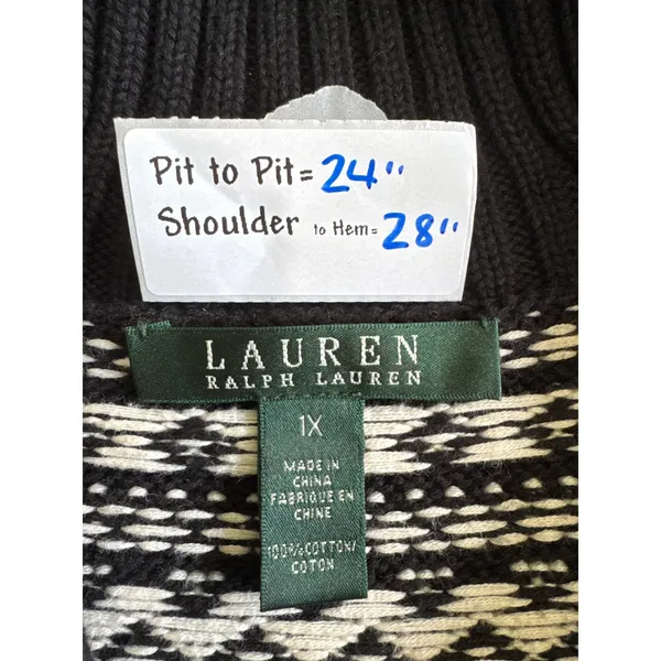 Lauren Ralph Lauren Fair Isle Shawl Collar Toggle Sweater Black White 1X Cotton - Image 4