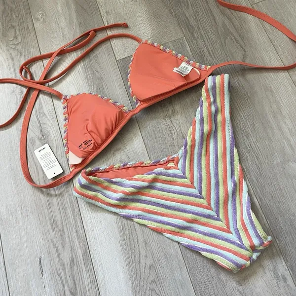 Aerie Terry Bikini triangle chevron cheeky string womens Pastel (medium) swim - Image 2