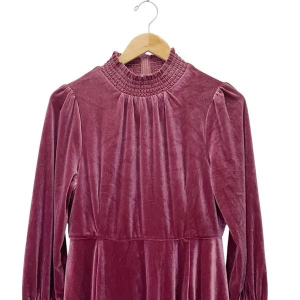 Baltic Born Velvet Smocked Neck Mini Dress Mulberry Long Sleeve Holiday Medium - Image 6