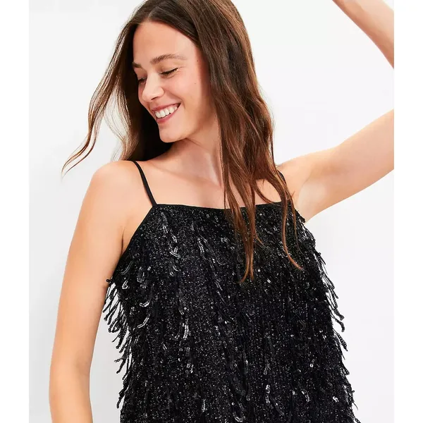 Loft Sequin Fringe Square Neck Cami Black Party Top‎ Evening Glam Size Large - Image 2