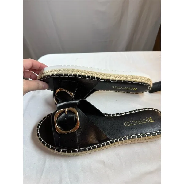 Restricted Womens Black Espadrille Slide Sandals Gold Buckle Jute Trim - Image 9