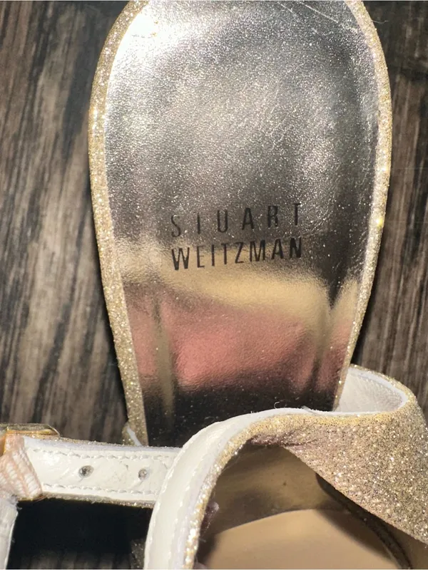 Stuart Weitzman Women's Gold Glitter Peep-Toe Slingback Heels - Image 4