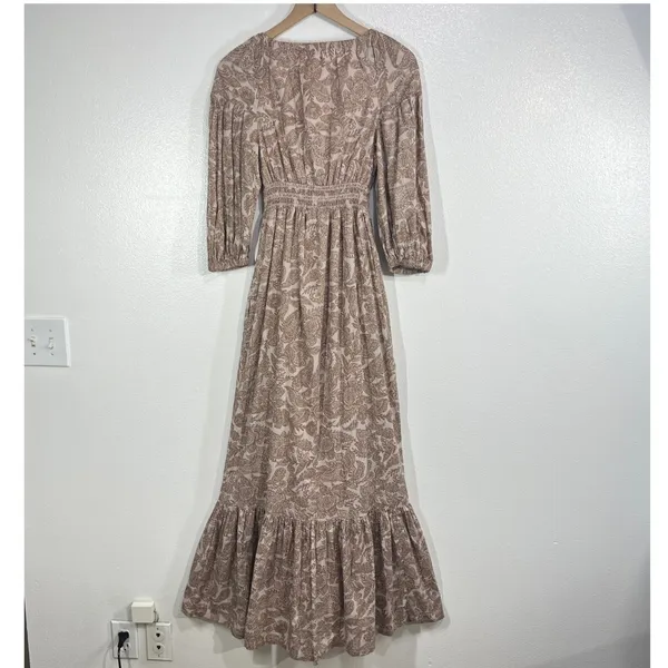 Nations of Peace Paisley‎ Maxi Dress Womens XS Brown Cotton Smocked Boho Tiered - Image 3