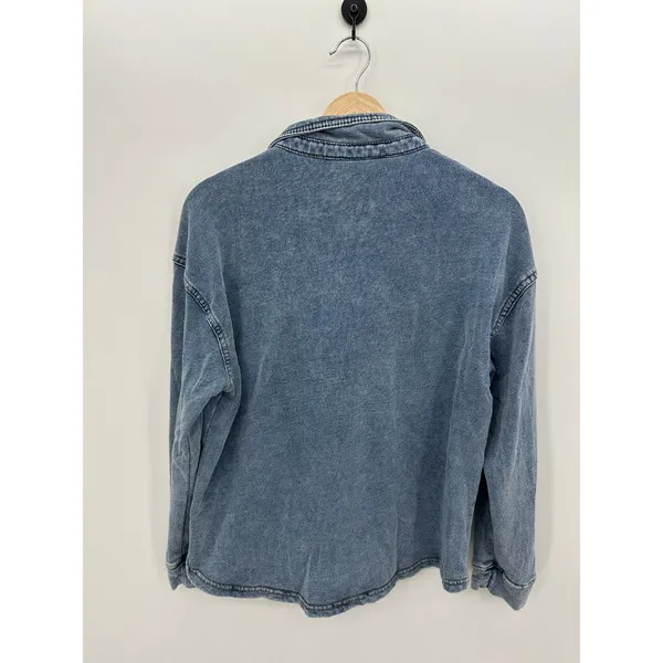 Jane + Delancey Women Large Blue Acid Wash Cotton Blend Knit Denim Shacket - Image 4