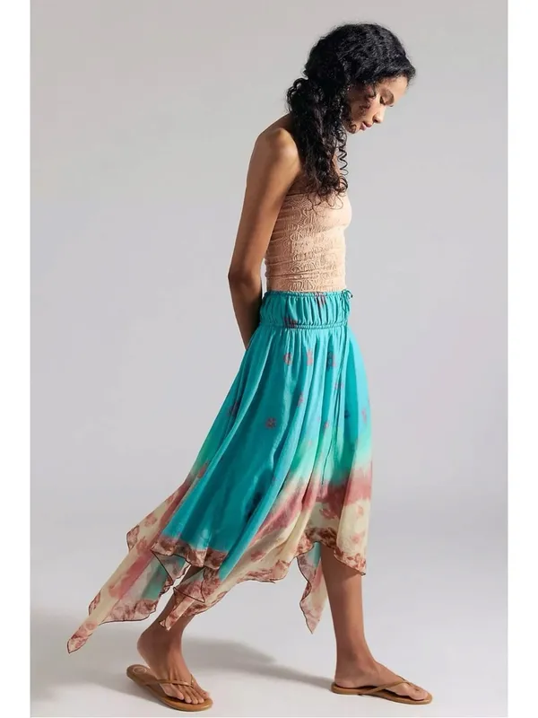 Free People Bohemian 70s FP One Kaia Asymmetrical Midi Skirt Ocean Surf Large - Image 2
