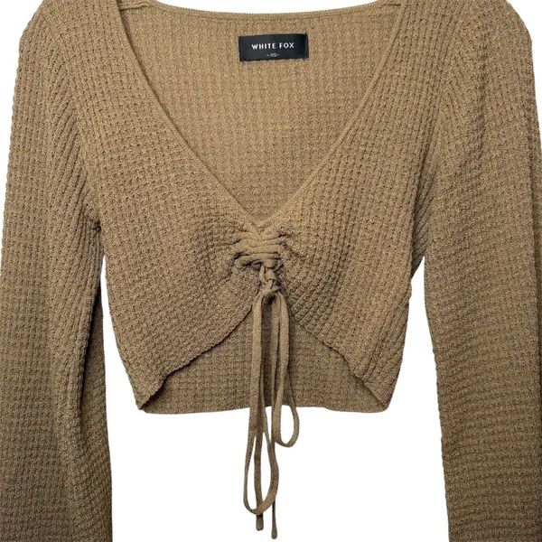 White Fox Brown Ribbed Lace Up Crop Top‎ Balloon Sleeve Size XS Minimalist Basic - Image 2