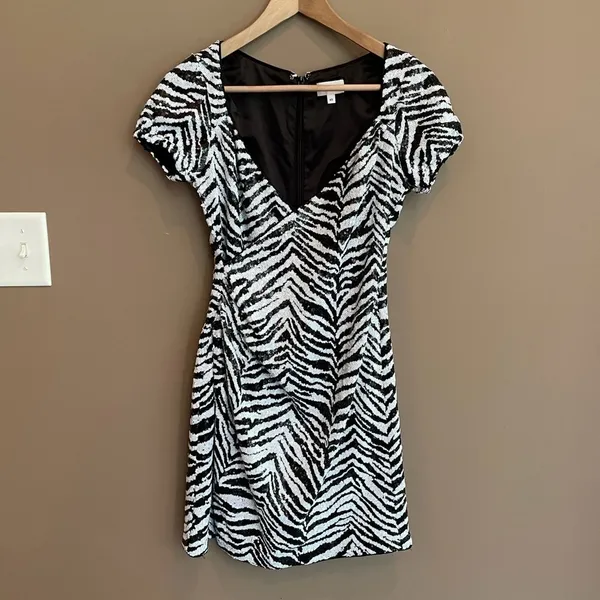 LPA Pinched Wrap Sequins Mini‎ Dress in Zebra Black White Sz XS - Image 4