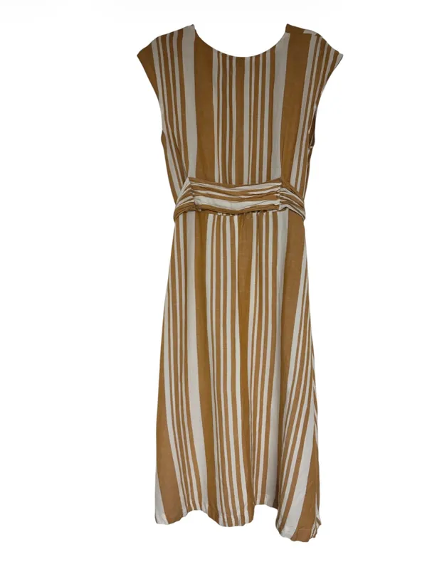 Ann Taylor Camel & White Striped Linen Blend Maxi Dress | Size Large | Belted - Image 3