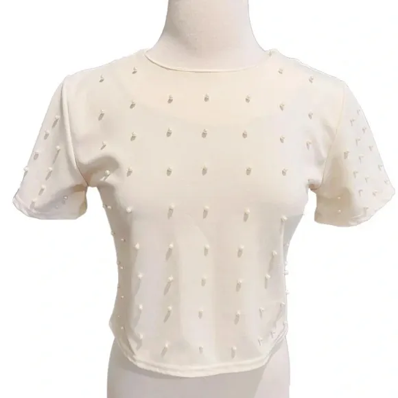 Snidel Cropped Top Pearl Appliqué Beige Size M - Image 2