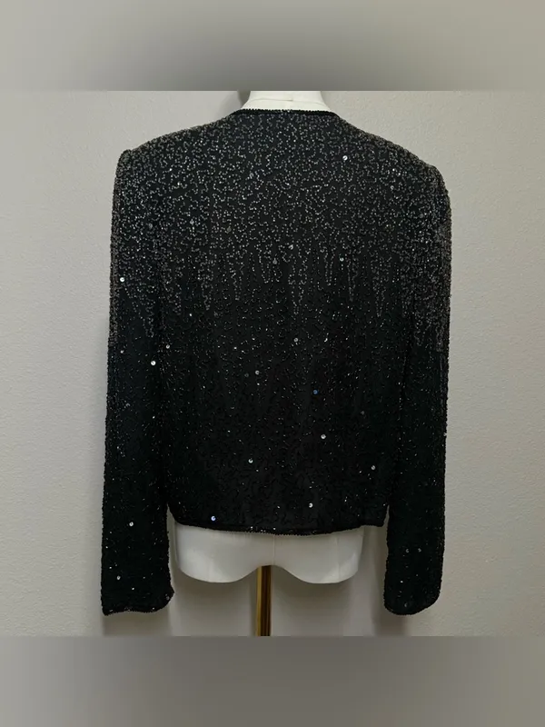 90s STÉNAY Beaded 100% Silk Bolero Jacket | Black Silver Sequin Evening - Image 5