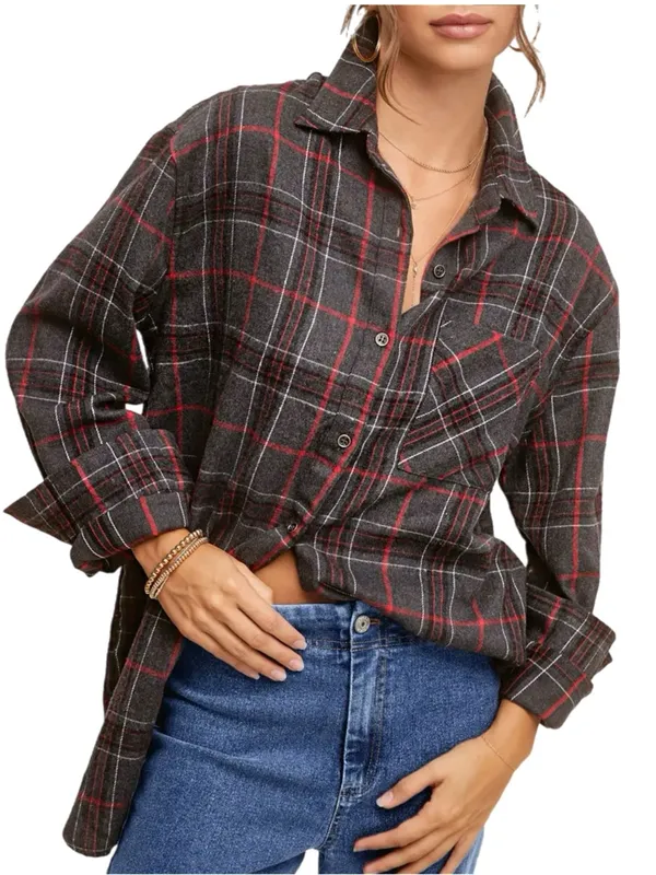 La Miel Plaid Oversized Shirt Gray Red Button Front Long Sleeve Top Small NWT - Image 4