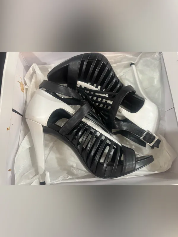 Calvin Klein Black and White Strappy Stiletto Sandals - Image 8
