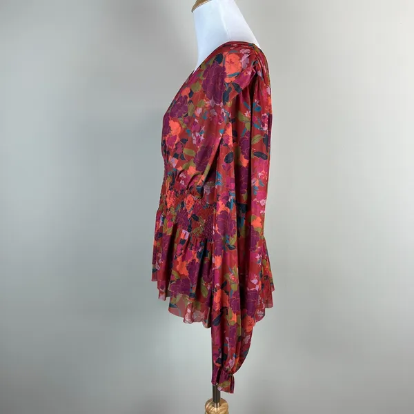 DR2 Babydoll Blouse Womens XL Smocked‎ Waist Peplum Stretch Floral Peasant Boho - Image 8