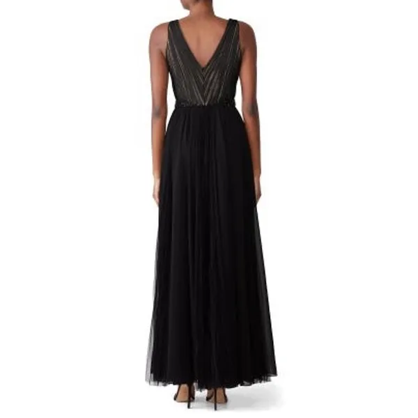 Badgley Mischka Black pleated Tulle Chiffon V-neck Gown size 2 - Image 2