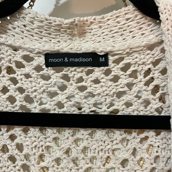 moon & madison Open Knit Cardigan Oatmeal Natural Crochet Neutral Sz M - Image 6