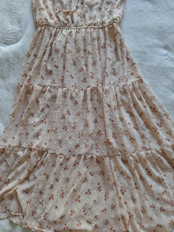 Moon River Floral Swiss Dot Tiered Midi Dress Tie Neck S - Image 3