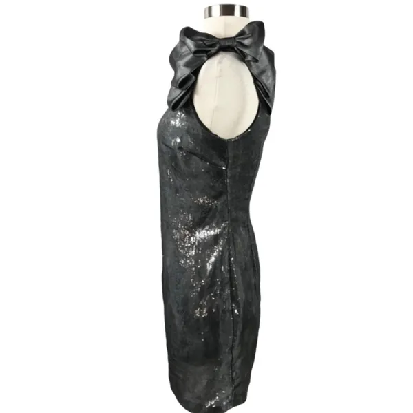 AQUA Cocktail Dress One Shoulder Metallic Silver Pewter Sequins Bow Accent 2 - Image 5