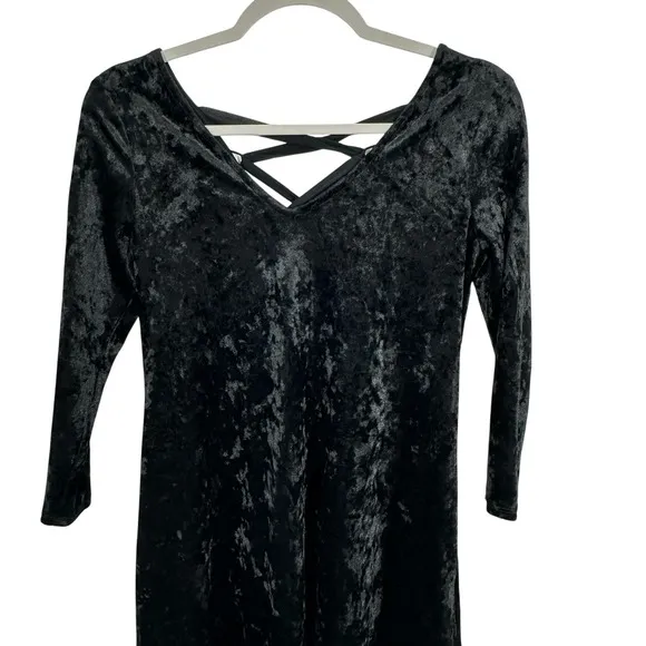 A. Byer 90s Black Crushed Velvet Mini Dress Long Sleeve V Neck Grunge Whimsigoth - Image 8