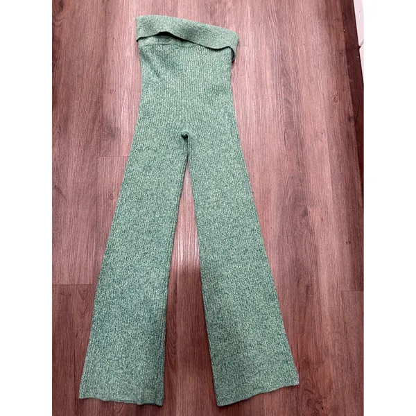Aerie Womens Green Marled Ribbed‎ Strapless Wide Leg Knit Jumpsuit Size M 3526 - Image 3