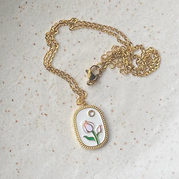 Handmade gold tone stainless steel cute chic tulip necklace🌷🩷 - Image 6