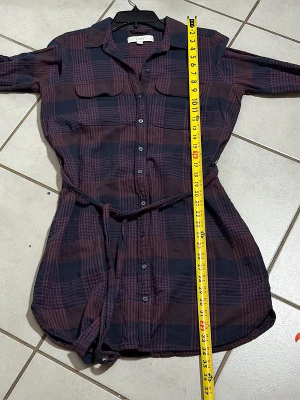 Loft‎ Women Purple/Black Plaid Long Sleeve Button Up Dress Belt size M Petite - Image 8