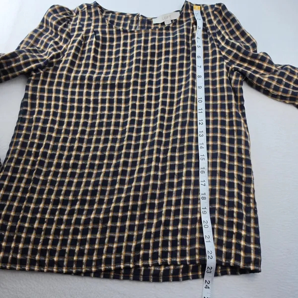 LOFT Navy Blue Mustard Yellow Plaid Long Sleeve Blouse Small‎ - Image 9