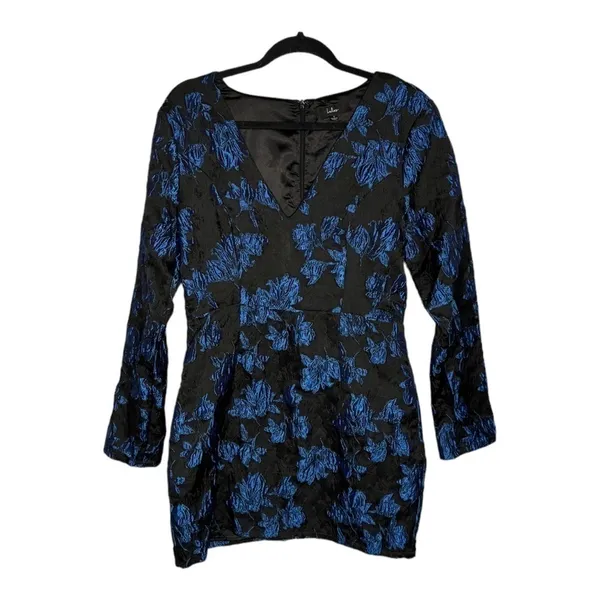 Lulus Elegant Taste Black and Blue‎ Floral Jacquard Mini Dress Size Large New - Image 3