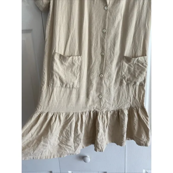 Darphin Ruffle Hem Shirt Dress Womens Size L Tan Linen Blend Button Front Mini - Image 6