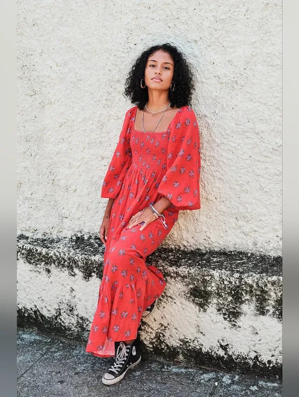 Red Floral Cotton Linen Dress S - Image 2