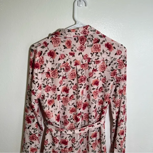 Women's‎ Button Down Shirt Dress Light Pink Rose Floral Belted Long Sleeve Roll - Image 10