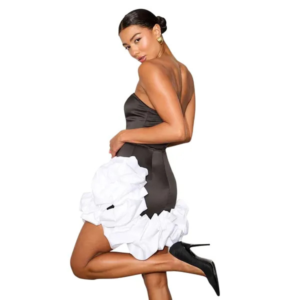 Lulus Evangela Black and White Satin Bubble-Hem Mini Dress size Large - Image 5