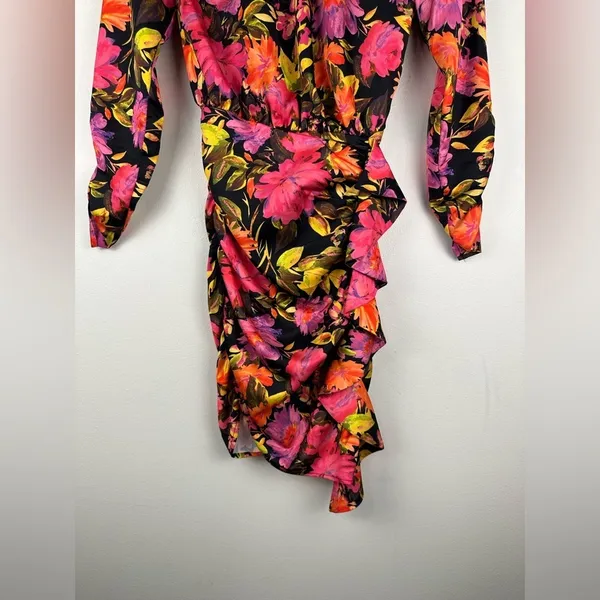 For Love and Lemons Dakota Black Floral Satin Long Sleeves Ruffle Dress Sz XXS‎ - Image 7