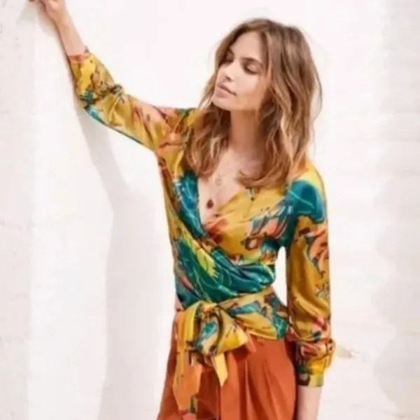 Sezane Anya Wrap Silk Blend Multicolor Tropical‎ Print V-Neck Blouse Size 34 - Image 2