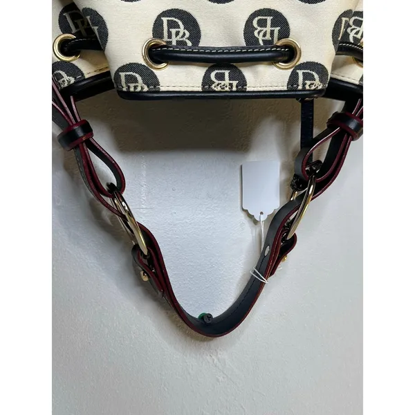 DOONEY & BOURKE Black White DB Monogram Black Leather Drawstring Bucket Bag - Image 12