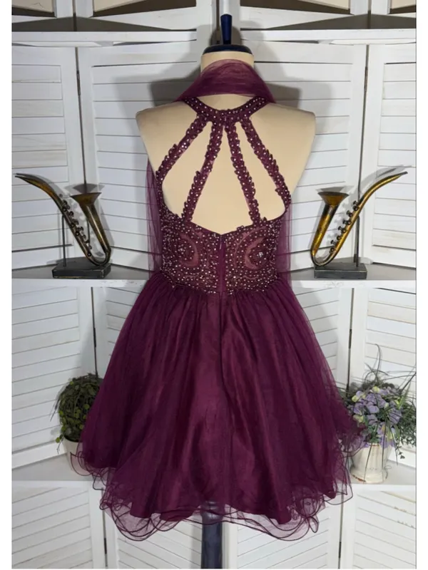 Burgundy mesh mini dress beaded halter open back fit flare homecoming whimsigoth - Image 2