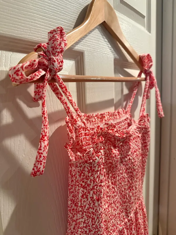Baltic Born Red & White Floral Tie-Shoulder Smocked Midi Sundress - Image 3