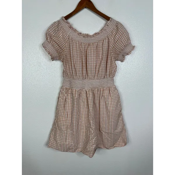 J.Crew Womens XS Peach Gingham Smocked Cotton Mini Dress Short Sleeve Pockets - Image 3