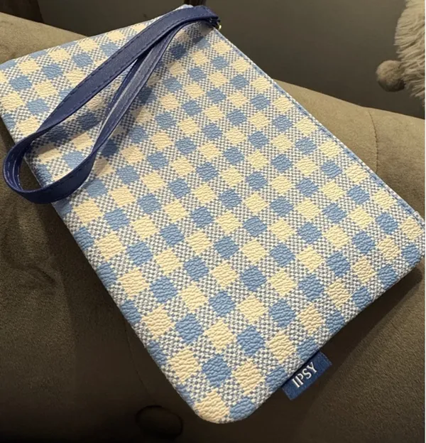 Ipsy Blue Gingham Faux Leather Glam Bag Wristlet - Image 5