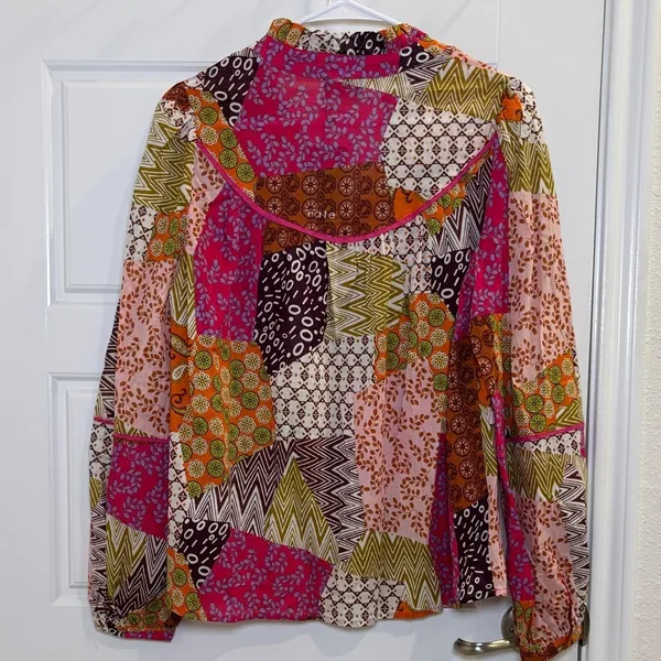 Fate Patchwork Print Blouse Boho Multicolor Long Sleeve Button Front Top Small Pink - Image 3