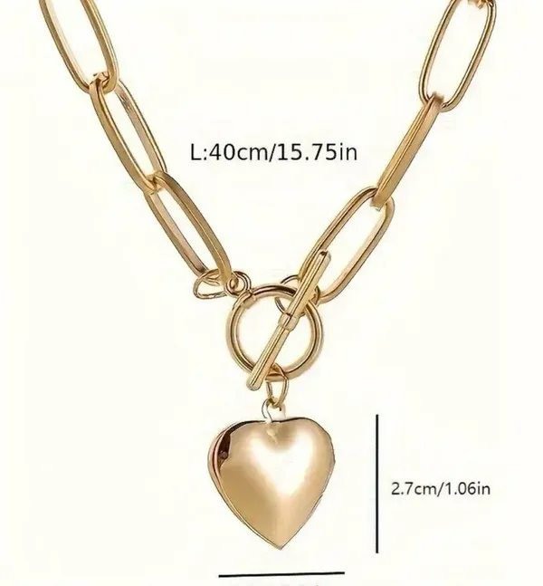 Golden Heart Pendant Chunky Chain Necklace, Alloy Gold Tone - Image 4