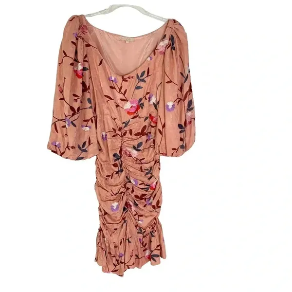 ByTimo Ruched Floral Embroidered Jacquard Dress Balloon Sleeves Coral Size XS - Image 7