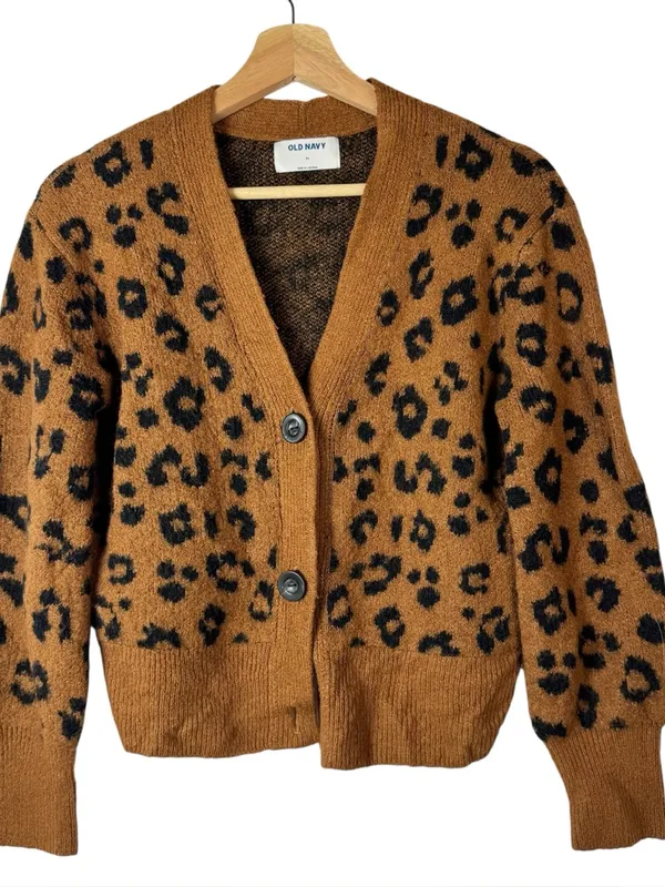 Old Navy‎ Brown Oversized Leopard Print Ribbed Knit Cardigan Sweater XS - Image 2