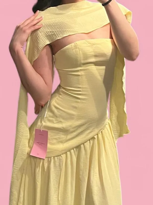 yellow strapless maxi dress with high side slit and dupatta neck scarf - Image 6