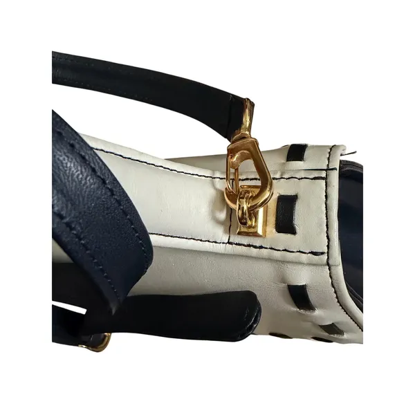 Vintage Madras Leather Crossbody Bag Top Handle Navy Blue Cream M logo - Image 15
