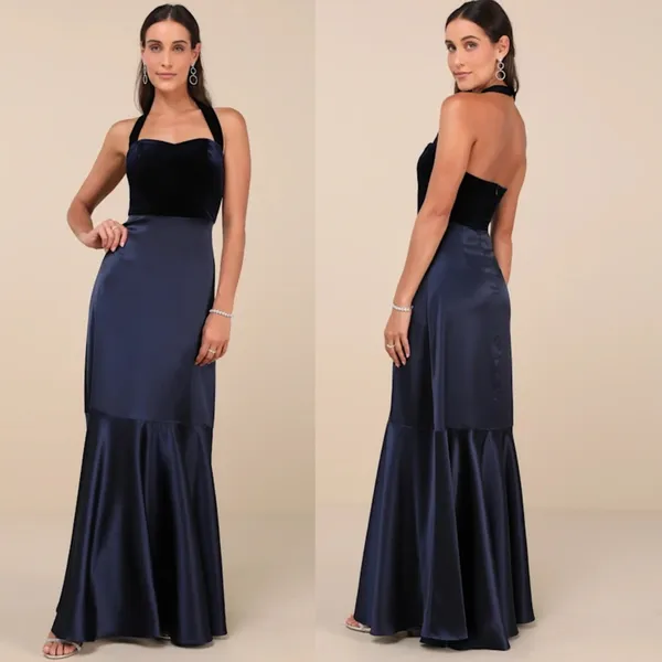 NWOT Lulus Mesmerizing Impression Navy Velvet Satin Halter Maxi Dress Size S - Image 2