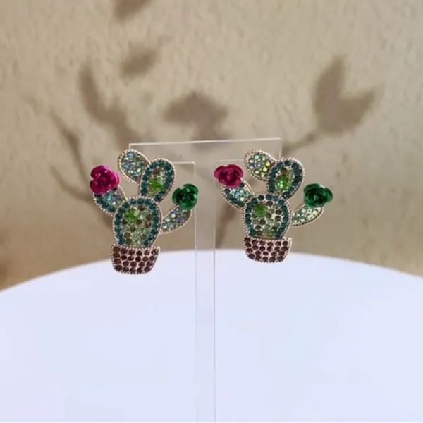 Desert Disco Rhinestone Cactus Statement Earrings — Western Kitsch – NWT Green - Image 4