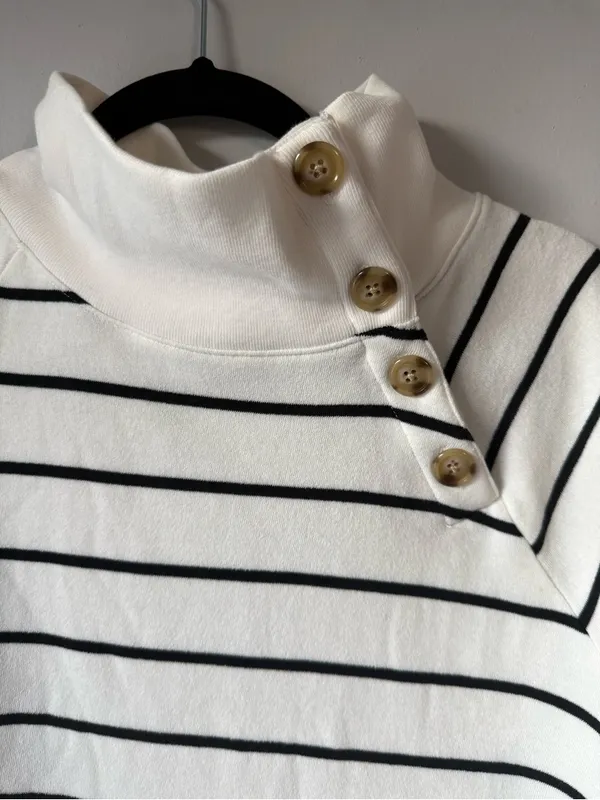 J. Crew Striped Button Shoulder Turtleneck Sweater White Black Comfy Sweatshirt - Image 5