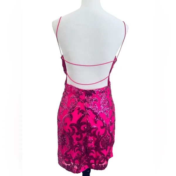 B Darlin Pink sequined Bodycon Dress with Spaghetti Straps for Prom - Image 2