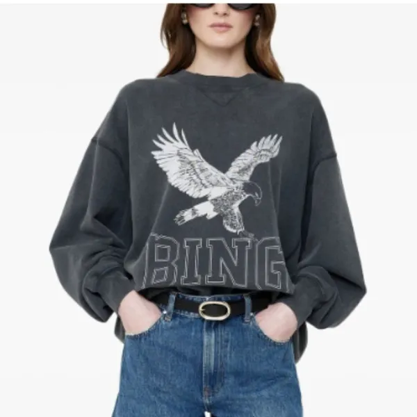 Anine Bing Retro Alto Eagle Graphic Organic Cotton Sweatshirt Washed Gray Black - Image 2