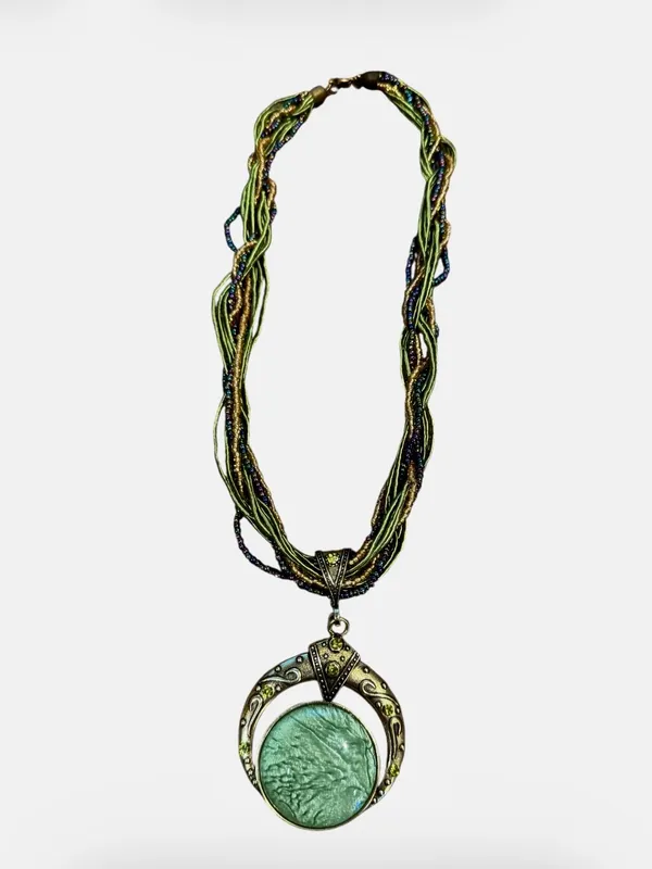 Bohemian Green Stone Pendant Multi-Strand Necklace - Image 4